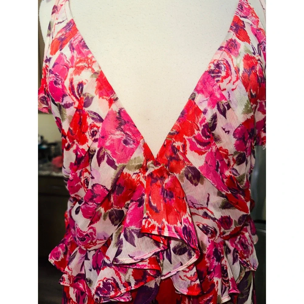 MISA Los Angeles Pink Red Diana Floral Ruffle Maxi Dress Size L Chiffon Boho A6